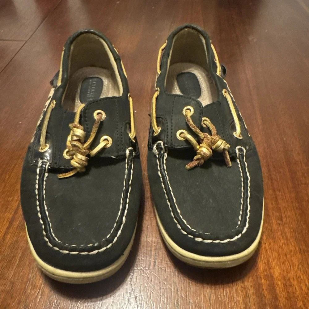Sperry Top-Sider Men's 9.5M Boat Shoes‎ Leather Black Leopard Print Deck Loafers